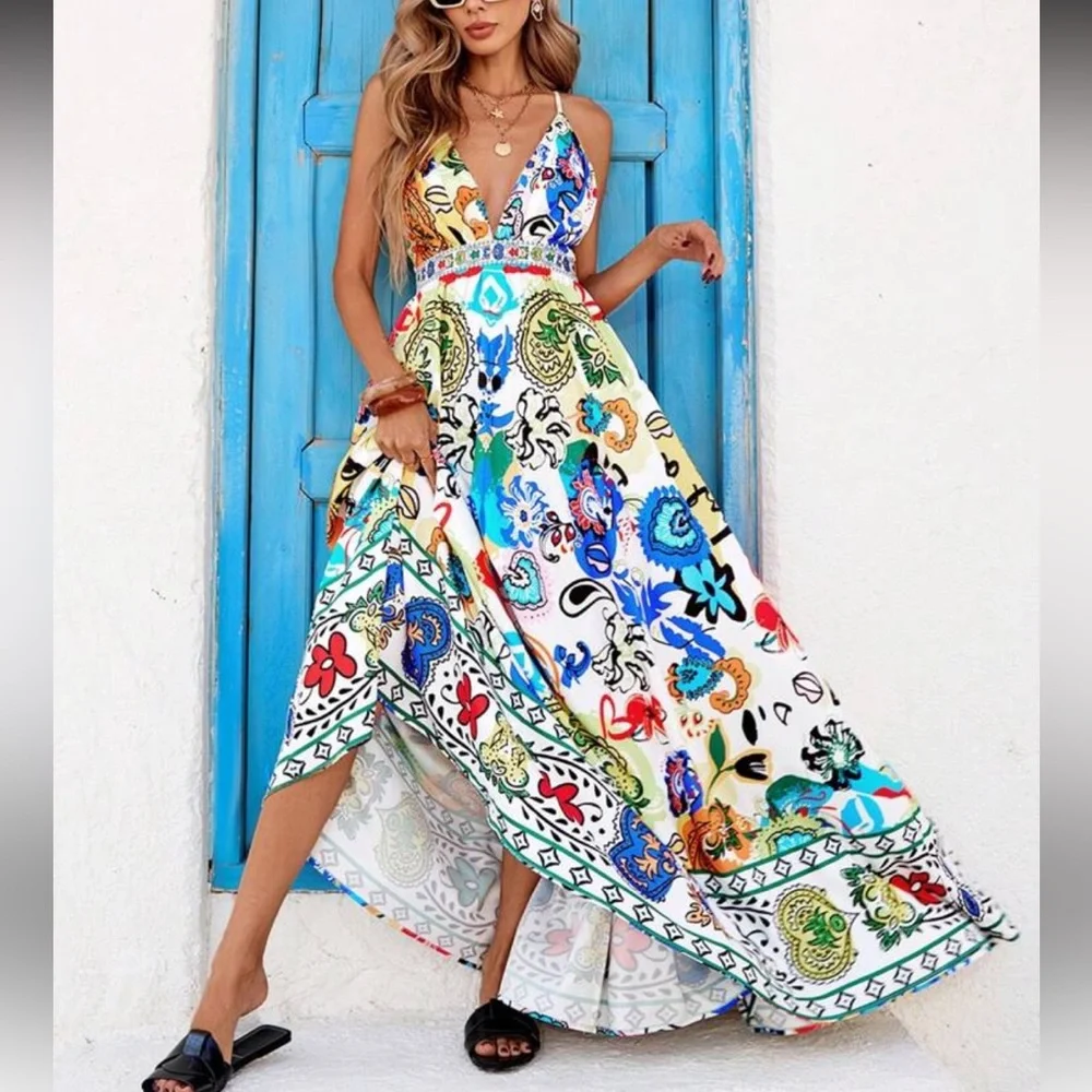 Boho Floral Print Crisscross Back Multicolor Bohemian Maxi Dress - Picture 5 of 5